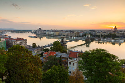 View of the chain bridge, parliament and st. stephen's basilica.