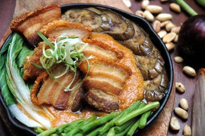 Close-up of food served in pan on table