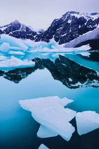 Scenic view of snowcapped mountains against sky with ice floating in the ocean.