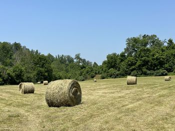 Hay bales on field against clear sky