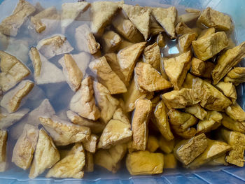 High angle view of chopped vegetables on table