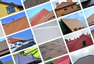 Low angle view of multi colored roof against buildings