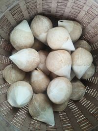 High angle view of eggs in basket