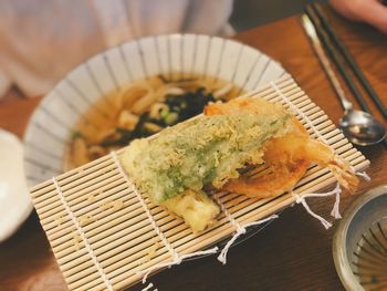 High angle view of meat in plate on table