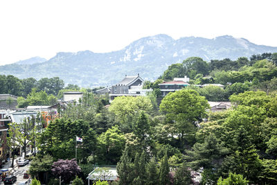 Houses and trees at bukchon hanok village against mountains