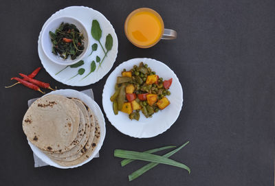 High angle view of breakfast served on table