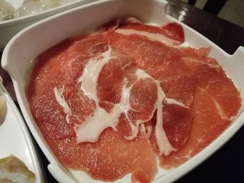 High angle view of pizza in bowl on table