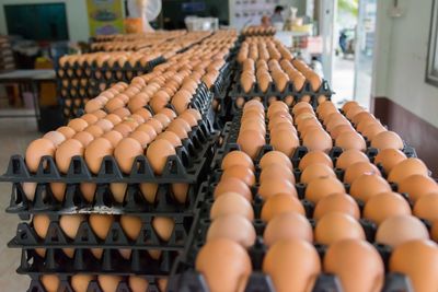 Close-up of brown eggs for sale in store