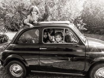 Portrait of a dog sitting on car