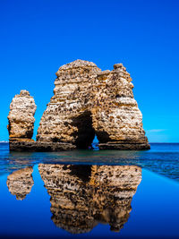 Rocks in sea against clear blue sky