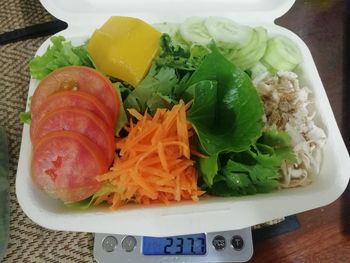 High angle view of salad in plate on table