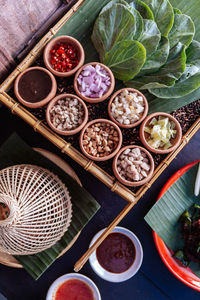 High angle view of food on table