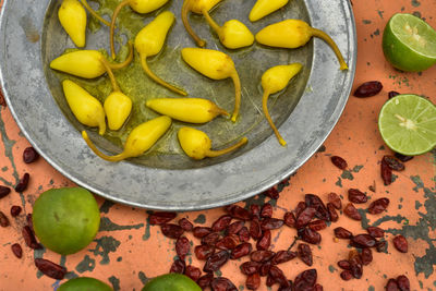 Directly above shot of chili pepper in plate on table