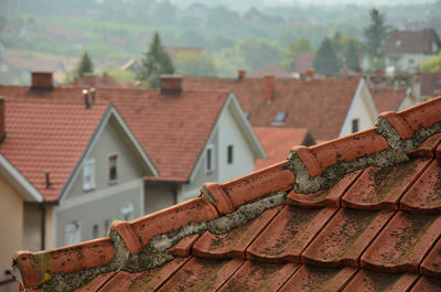 Part of tiled roof with a line of suburban houses and tree tops in background