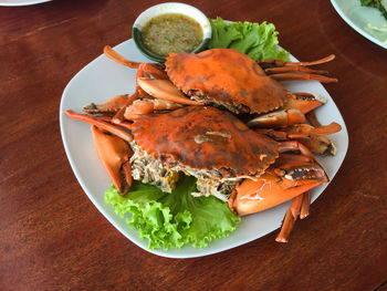 High angle view of food in plate on table