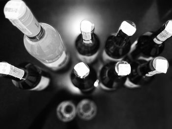 High angle view of wine bottles on table