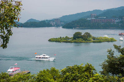 Beautiful scenery from xuanguang viewpoint viewing the famous lalu island located at sun moon lake