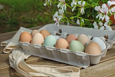 Close-up of eggs in basket on table