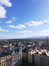 High angle view of town against sky