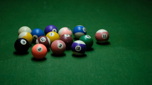 High angle view of balls on pool table