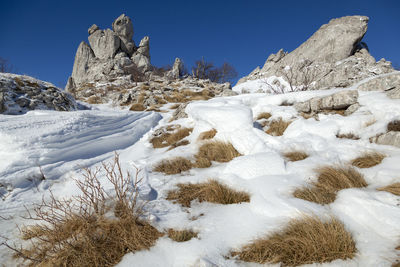 Scenic view of snowcapped mountains against clear sky