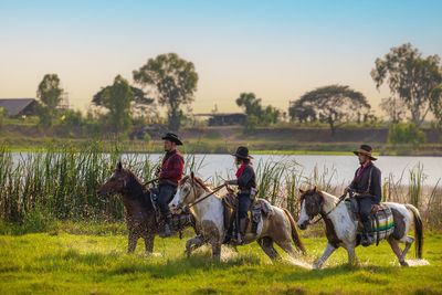 Horses on field against sky