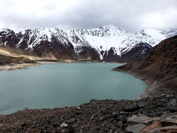 Scenic view of lake and snowcapped mountains against sky