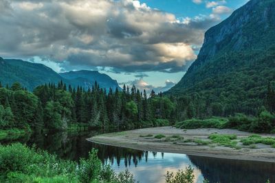 Scenic view of lake and mountains against sky