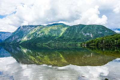 Scenic view of lake by mountains against sky