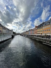 Bridge over river against buildings in city