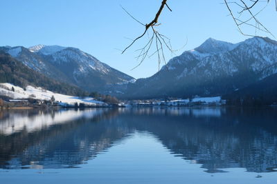 Scenic view of lake and snowcapped mountains against sky