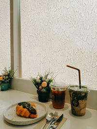 Food served on table against wall