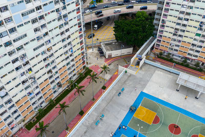 High angle view of buildings in city