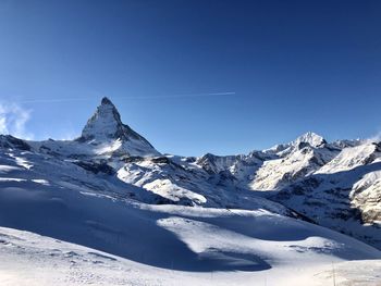 The matterhorn on a clear sunny day on christmas day in zermatt, switzerland.