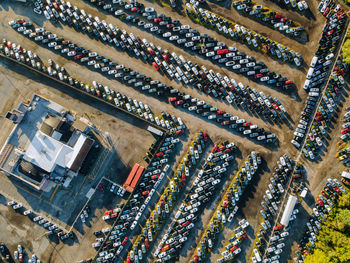 High angle view of people walking on road