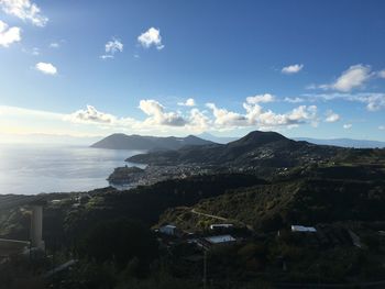 Scenic view of sea and mountains against sky