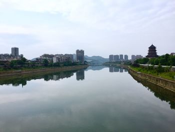 Reflection of buildings in lake