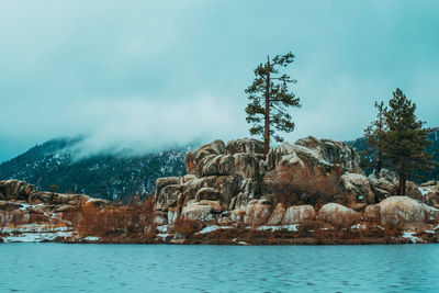 Scenic view of lake against sky during winter