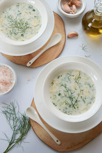 High angle view of soup in bowl on table