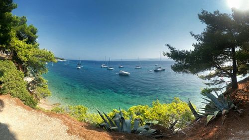 Scenic view of sea against clear blue sky