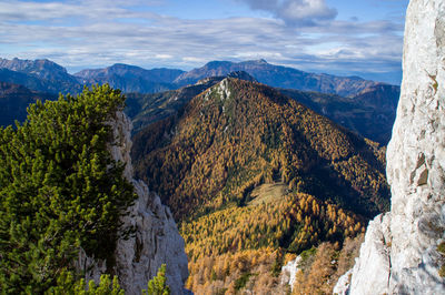 Scenic view of mountains against cloudy sky