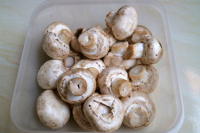 High angle view of mushrooms in container on table