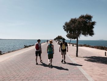 Rear view of male friends with backpacks walking on footpath amidst sea