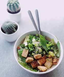 High angle view of food in bowl on table