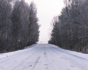 Snow covered road amidst trees against sky