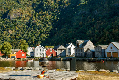 Houses by river and buildings against trees