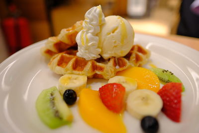 Close-up of dessert served on table