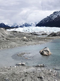 Scenic view of snowcapped mountains against sky during winter