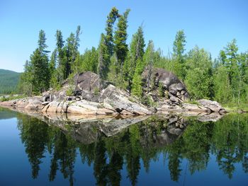 Reflection of trees in lake against sky