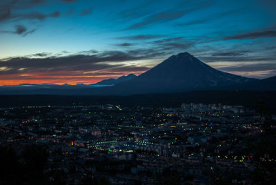 Aerial view of city at sunset